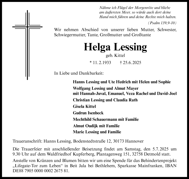  Traueranzeige für Helga Lessing vom 02.07.2025 aus 
