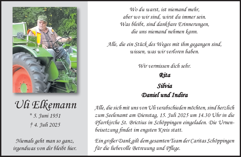  Traueranzeige für Uli Elkemann vom 12.07.2025 aus 