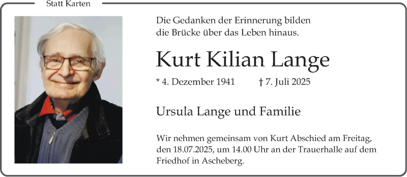  Traueranzeige für Kurt Kilian Lange vom 12.07.2025 aus 