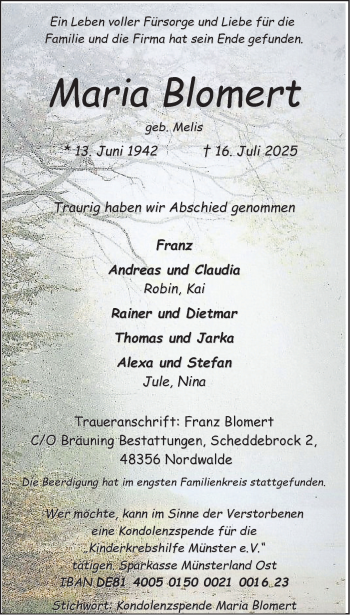 Anzeige von Maria Blomert 