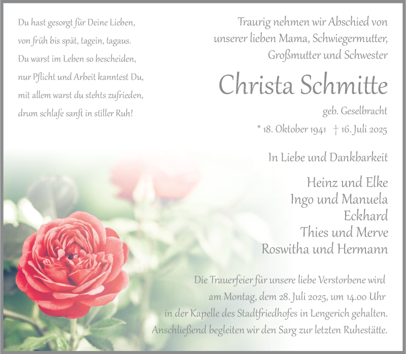 Traueranzeige für Christa Schmitte vom 26.07.2025 aus 