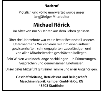 Anzeige von Michael Rörick 