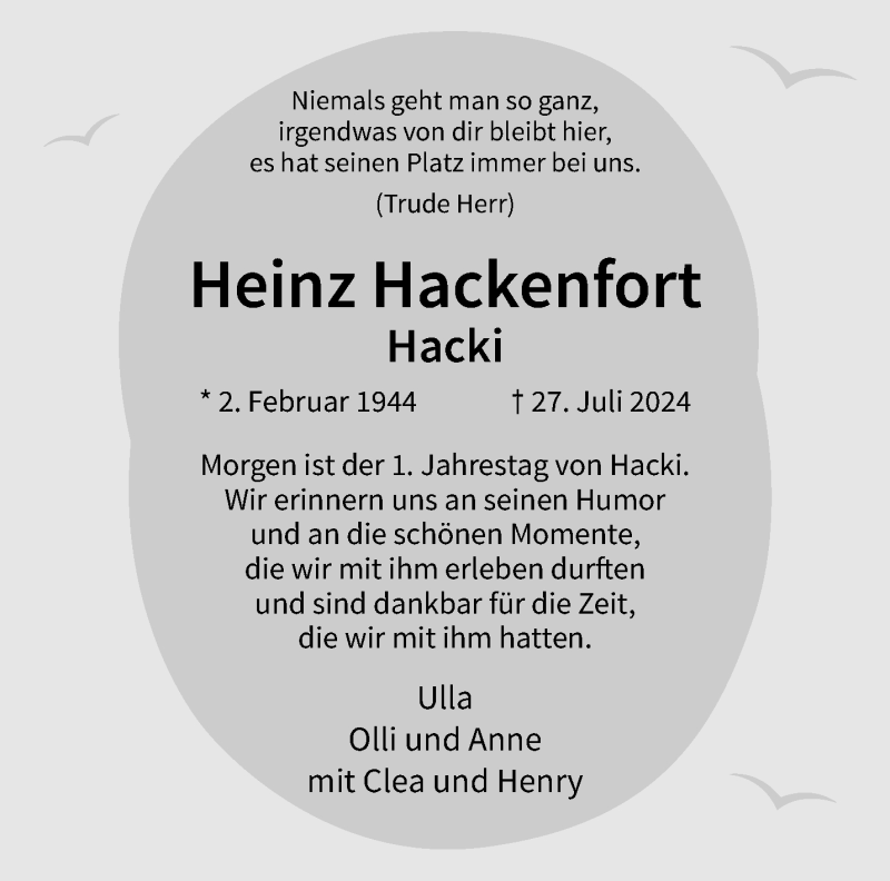  Traueranzeige für Heinz Hackenfort vom 26.07.2025 aus 