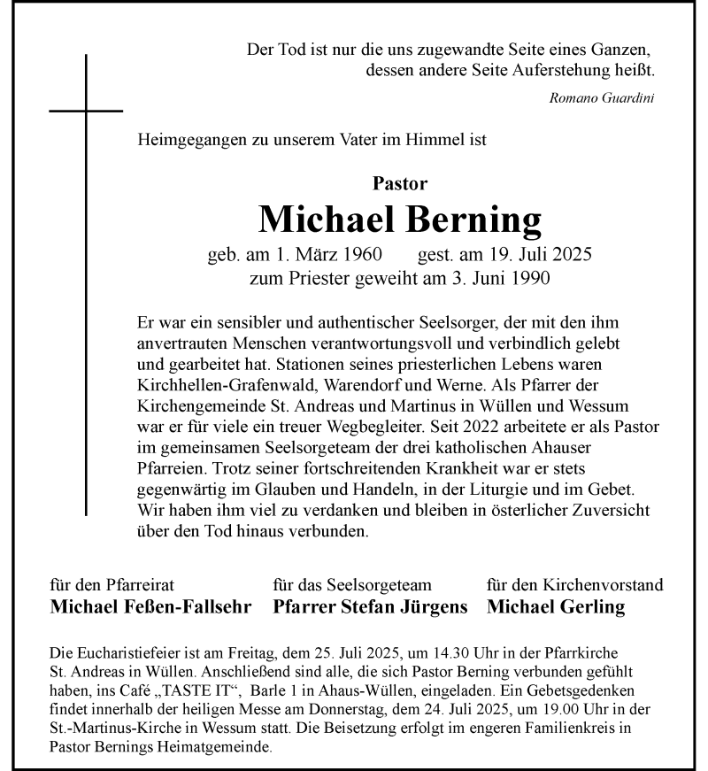  Traueranzeige für Michael Berning vom 23.07.2025 aus 