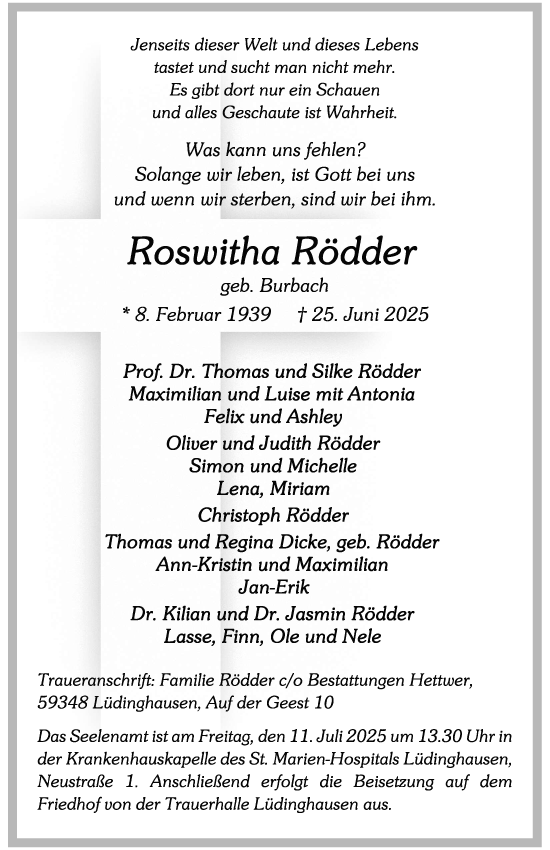 Anzeige von Roswitha Rödder von Westfälische Nachrichten