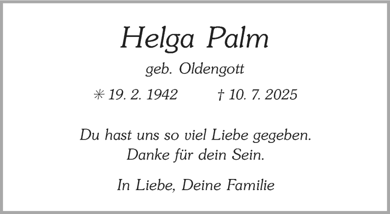  Traueranzeige für Helga Palm vom 19.07.2025 aus 