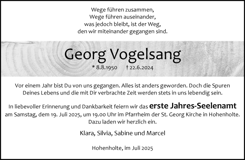  Traueranzeige für Georg Vogelsang vom 12.07.2025 aus 