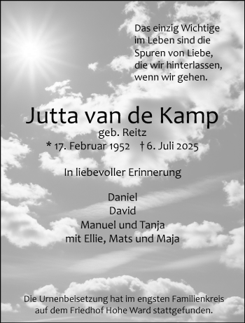 Anzeige von Jutta van de Kamp 