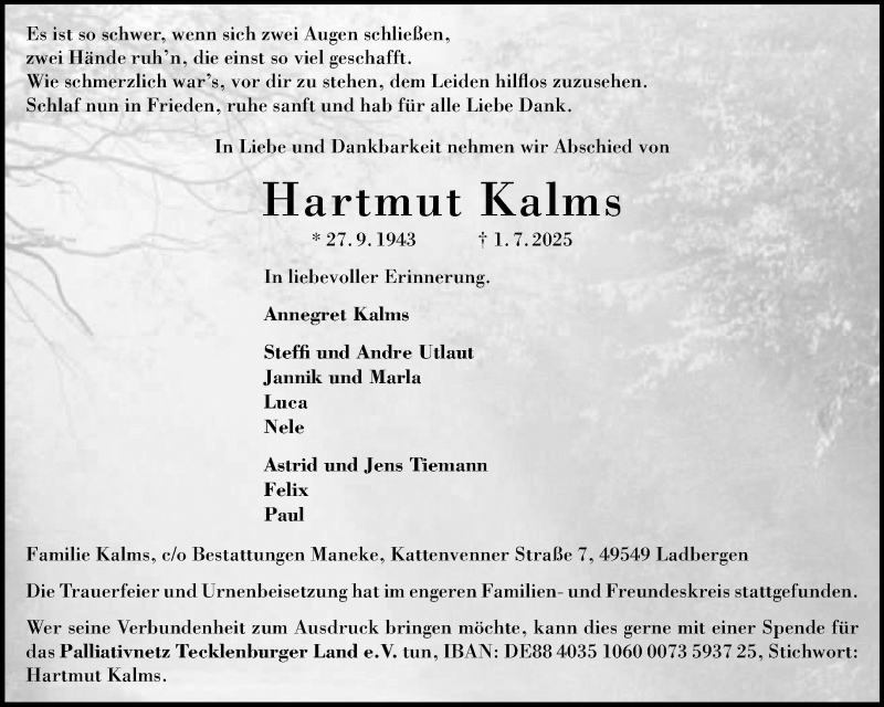  Traueranzeige für Hartmut Kalms vom 12.07.2025 aus 