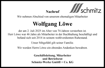 Anzeige von Wolfgang Löwe 