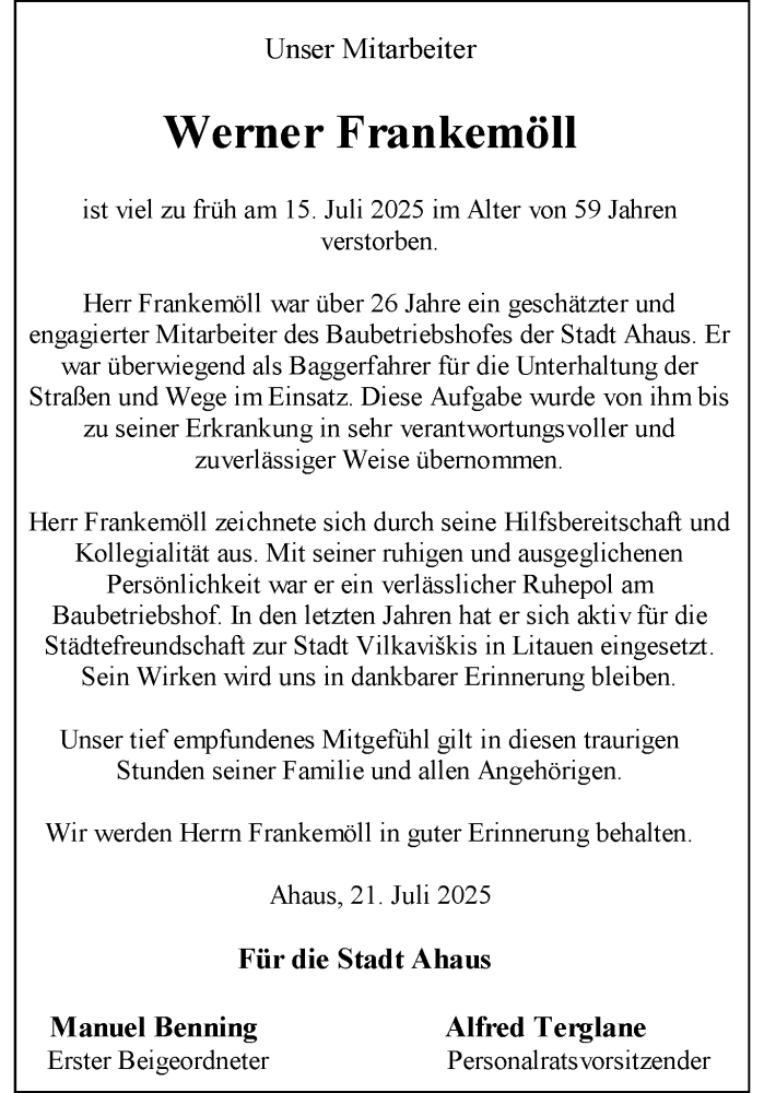  Traueranzeige für Werner Frankemöll vom 23.07.2025 aus 