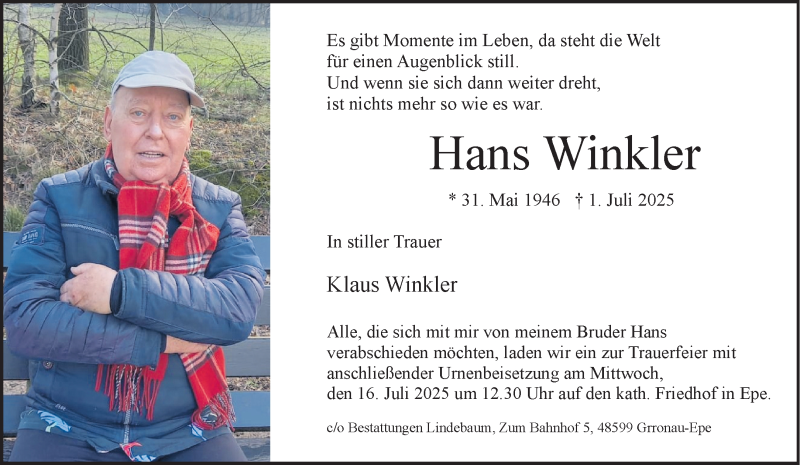  Traueranzeige für Hans Winkler vom 12.07.2025 aus 