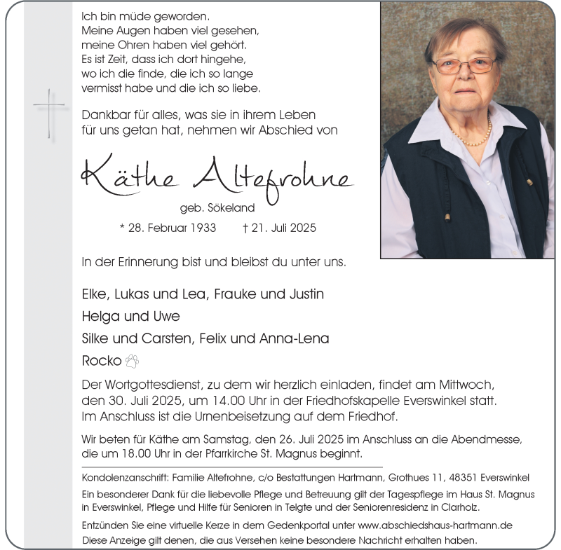  Traueranzeige für Käthe Altefrohne vom 24.07.2025 aus 