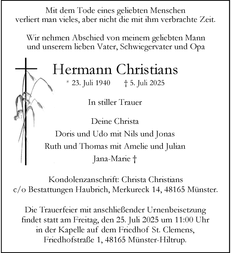  Traueranzeige für Hermann Christians vom 19.07.2025 aus 