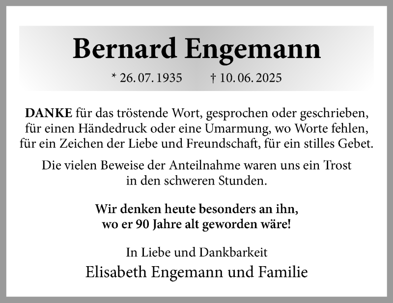  Traueranzeige für Bernard Engemann vom 26.07.2025 aus 
