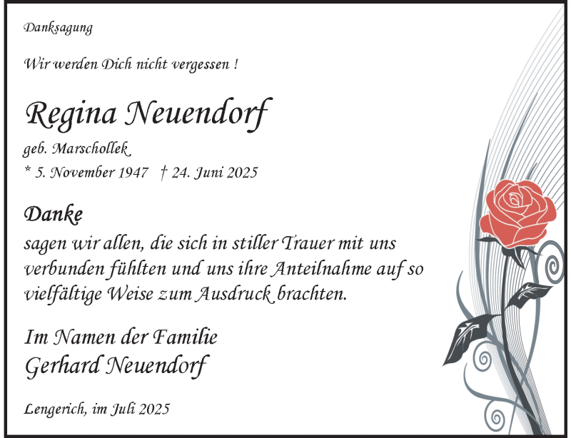 Traueranzeige für Regina Neuendorf vom 26.07.2025 aus 