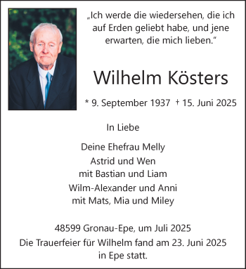 Anzeige von Wilhelm Kösters 