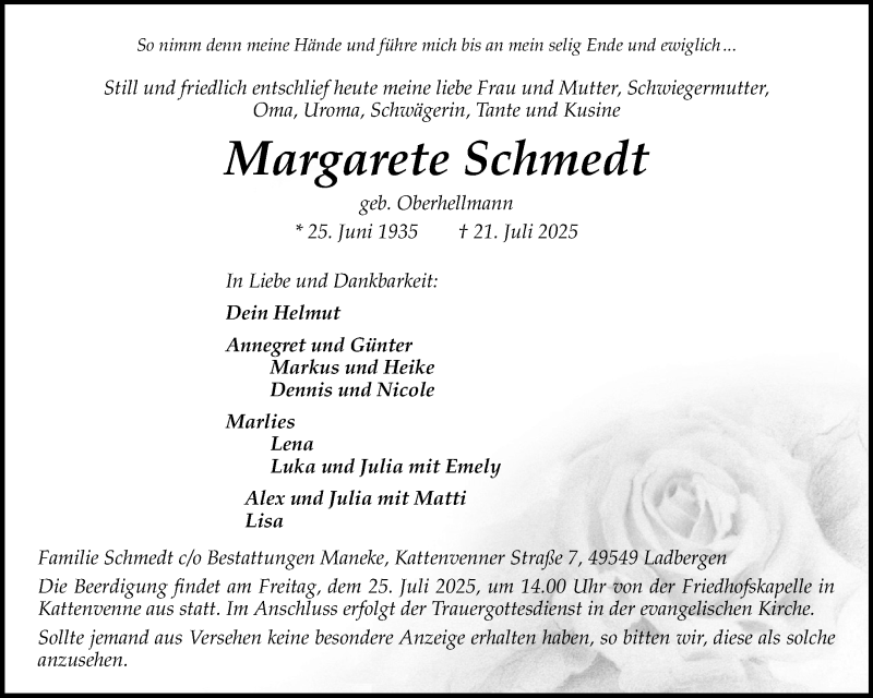  Traueranzeige für Margarete Schmedt vom 23.07.2025 aus 