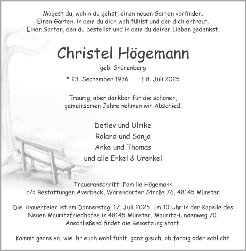  Traueranzeige für Christel Högemann vom 12.07.2025 aus 