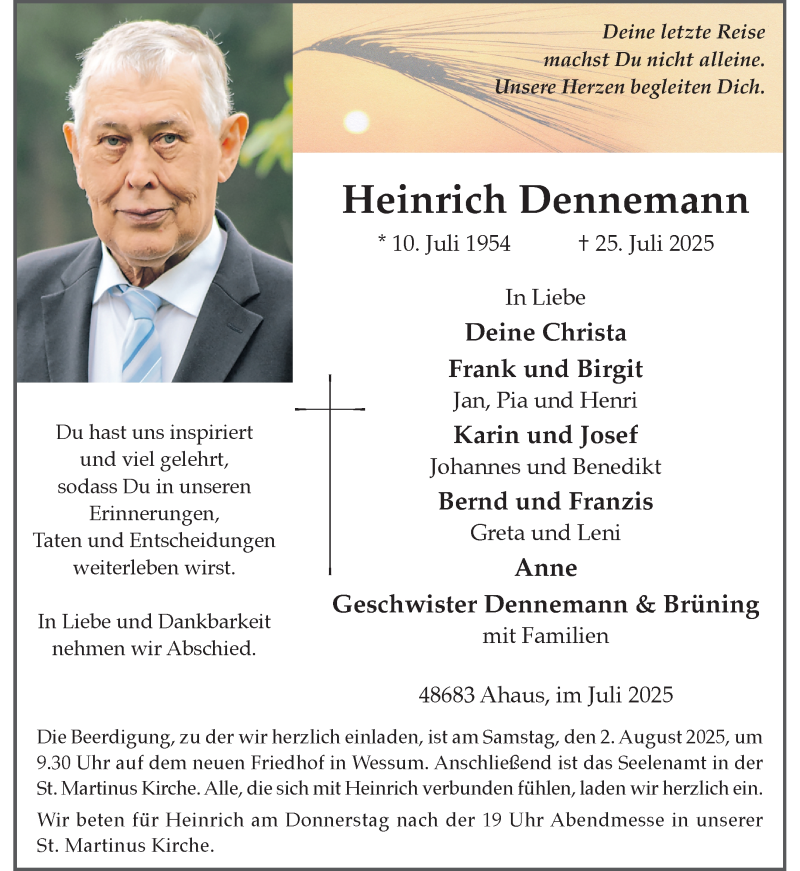  Traueranzeige für Heinrich Dennemann vom 29.07.2025 aus 