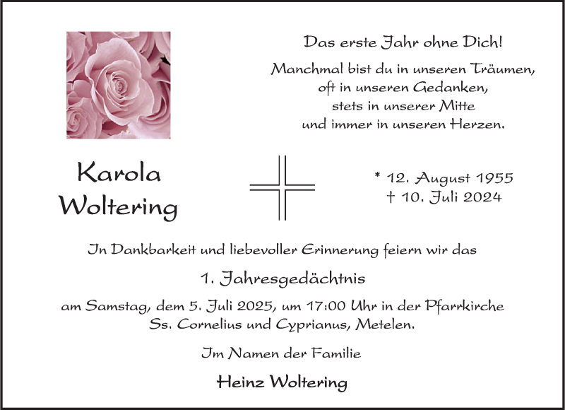  Traueranzeige für Karola Woltering vom 01.07.2025 aus 