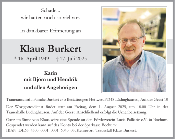 Anzeige von Klaus Burkert 