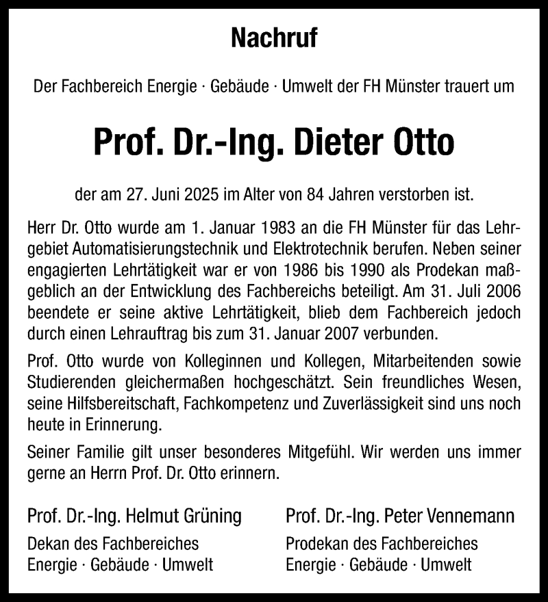  Traueranzeige für Prof. Dr.-Ing. Dieter Otto vom 26.07.2025 aus 