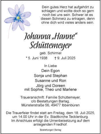 Anzeige von Johanna Schüttemeyer 