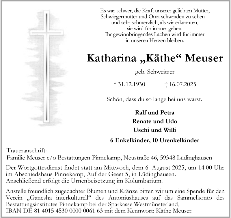  Traueranzeige für Katharina Meuser vom 26.07.2025 aus 