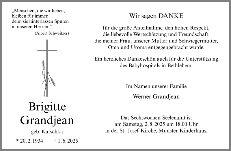  Traueranzeige für Brigitte Grandjean vom 26.07.2025 aus 