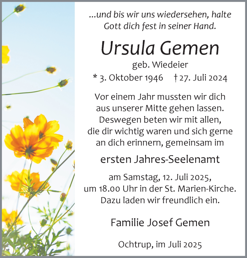  Traueranzeige für Ursula Gemen vom 09.07.2025 aus 