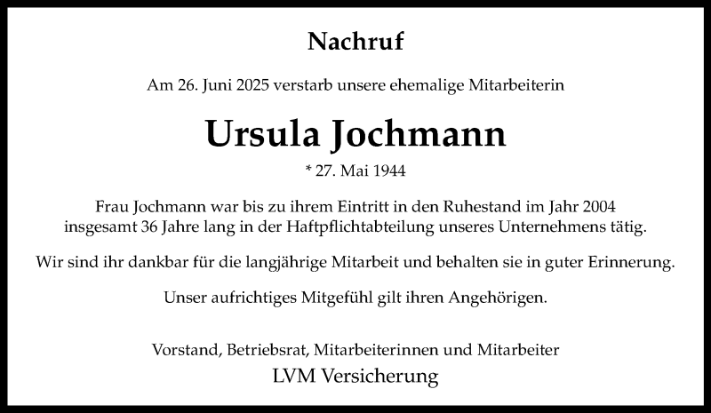  Traueranzeige für Ursula Jochmann vom 05.07.2025 aus 