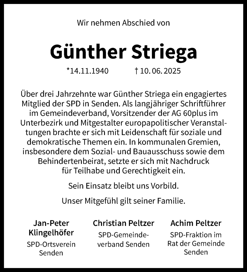  Traueranzeige für Günther Striega vom 05.07.2025 aus 