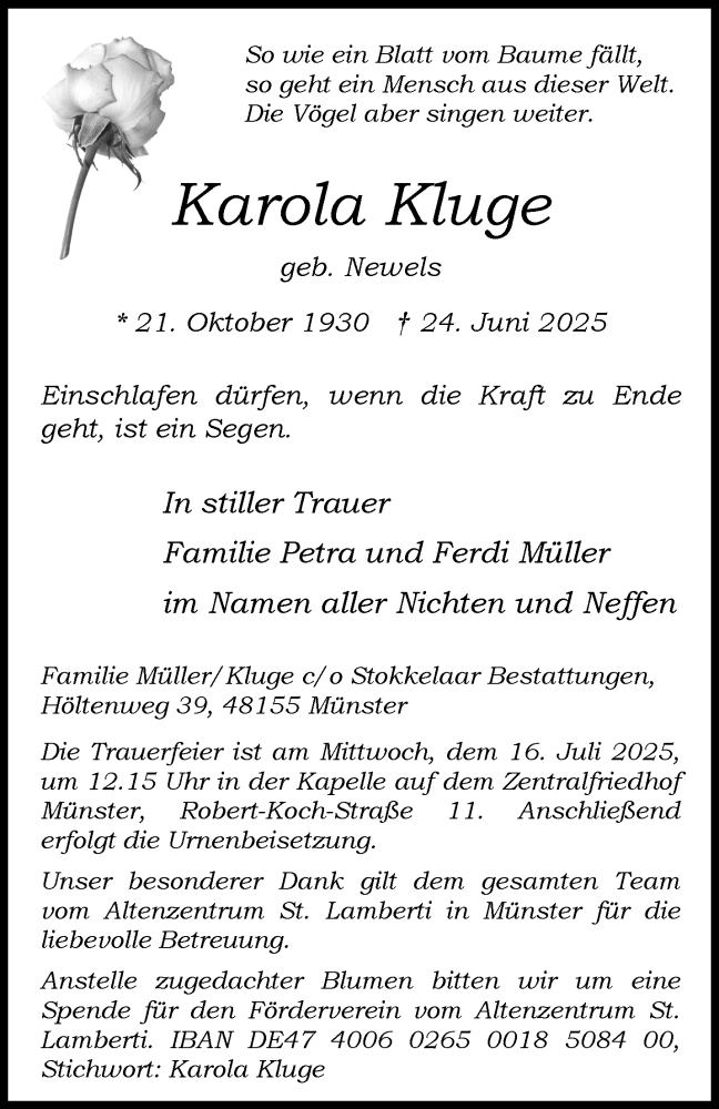  Traueranzeige für Karola Kluge vom 05.07.2025 aus 