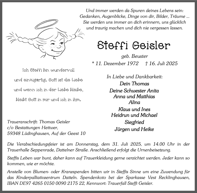  Traueranzeige für Steffi Geisler vom 26.07.2025 aus 