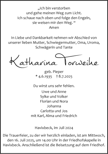 Anzeige von Katharina Torweihe 