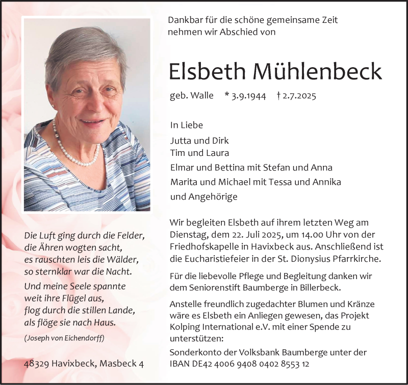  Traueranzeige für Elsbeth Mühlenbeck vom 12.07.2025 aus 
