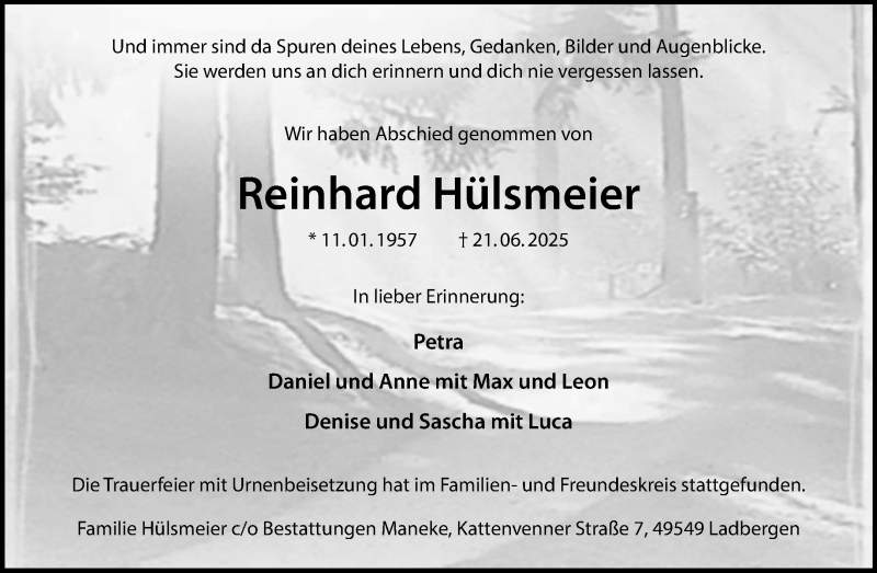  Traueranzeige für Reinhard Hülsmeier vom 07.07.2025 aus 