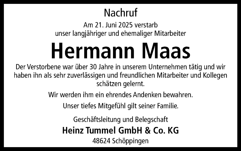  Traueranzeige für Hermann Maas vom 02.07.2025 aus 