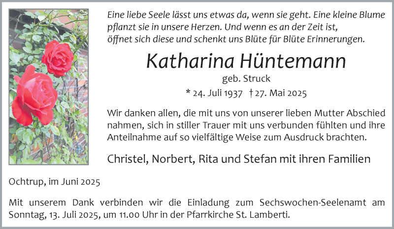  Traueranzeige für Katharina Hüntemann vom 09.07.2025 aus 