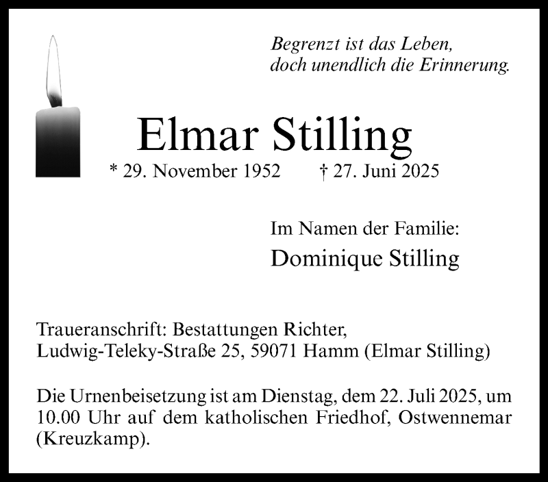  Traueranzeige für Elmar Stilling vom 12.07.2025 aus 