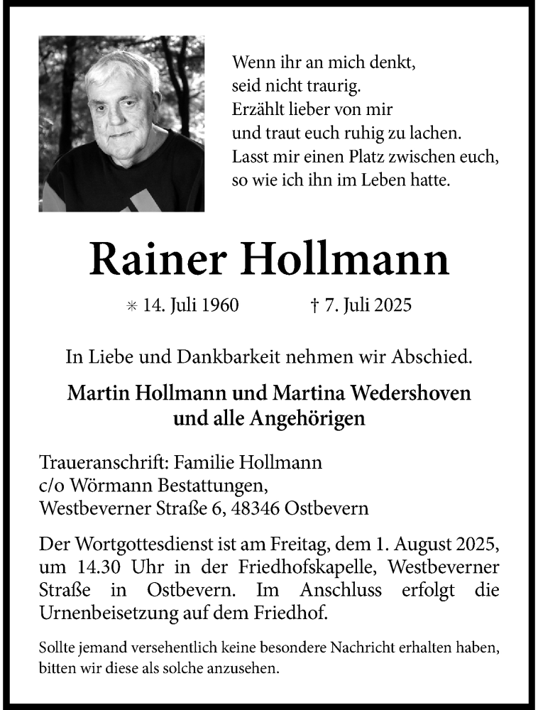  Traueranzeige für Rainer Hollmann vom 19.07.2025 aus 
