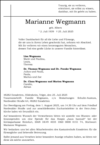Anzeige von Marianne Wegmann 
