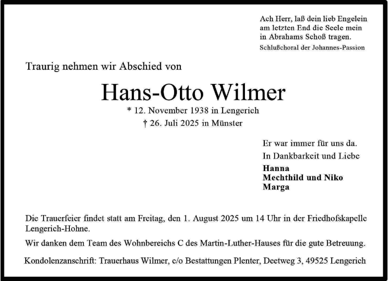  Traueranzeige für Hans-Otto Wilmer vom 30.07.2025 aus 