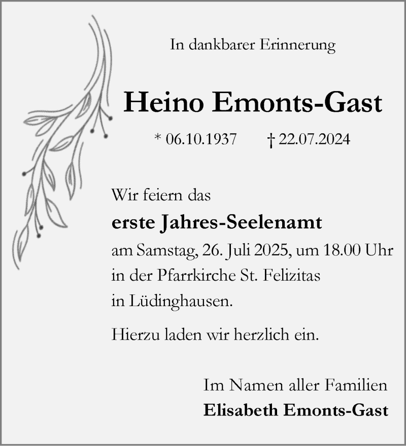  Traueranzeige für Heino Emonts-Gast vom 19.07.2025 aus 