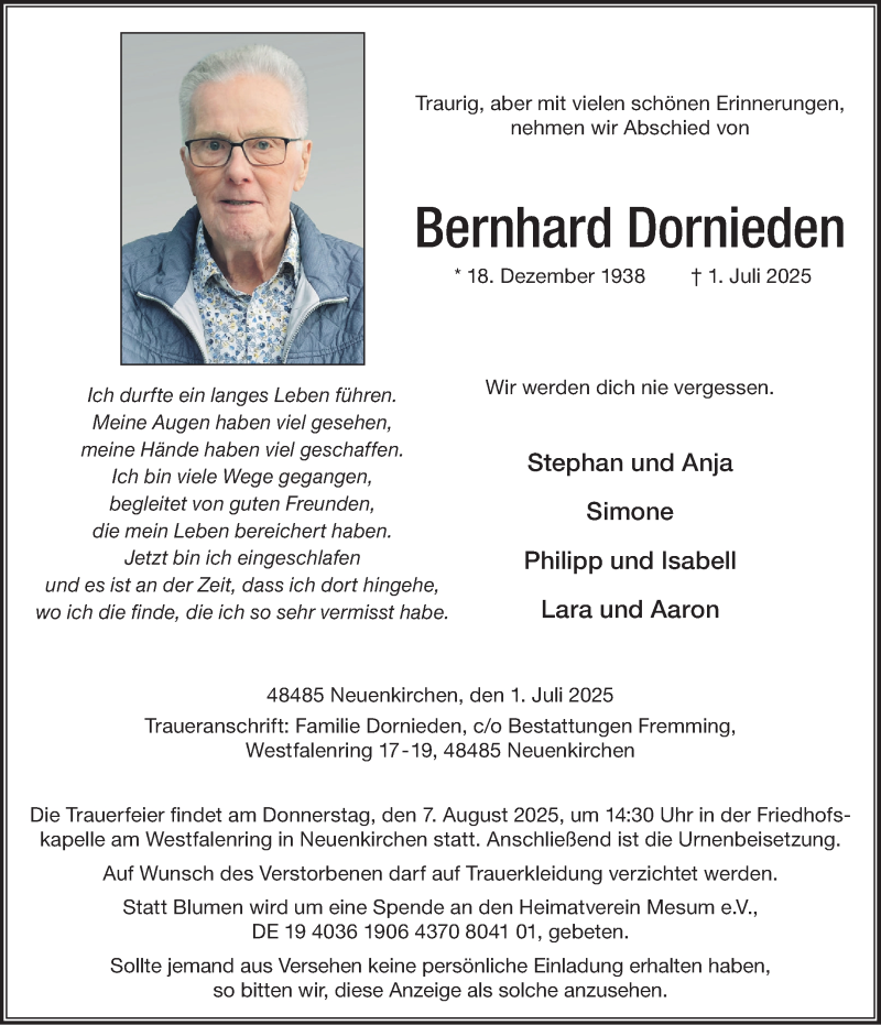  Traueranzeige für Bernhard Dornieden vom 12.07.2025 aus 