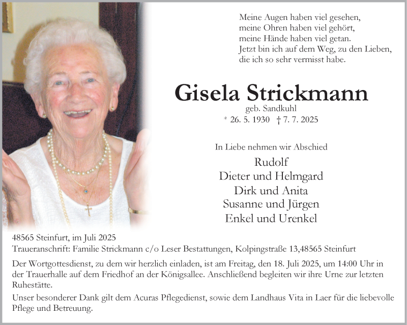  Traueranzeige für Gisela Strickmann vom 12.07.2025 aus 
