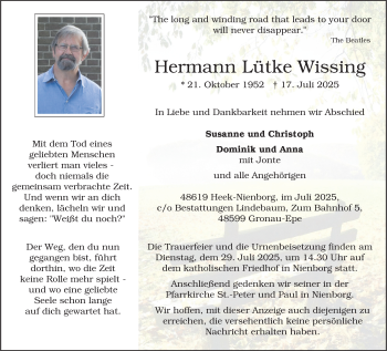 Anzeige von Hermann Lütke Wissing 