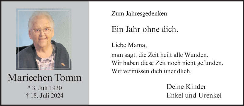  Traueranzeige für Mariechen Tomm vom 18.07.2025 aus 