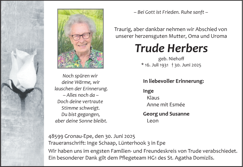  Traueranzeige für Trude Herbers vom 10.07.2025 aus 